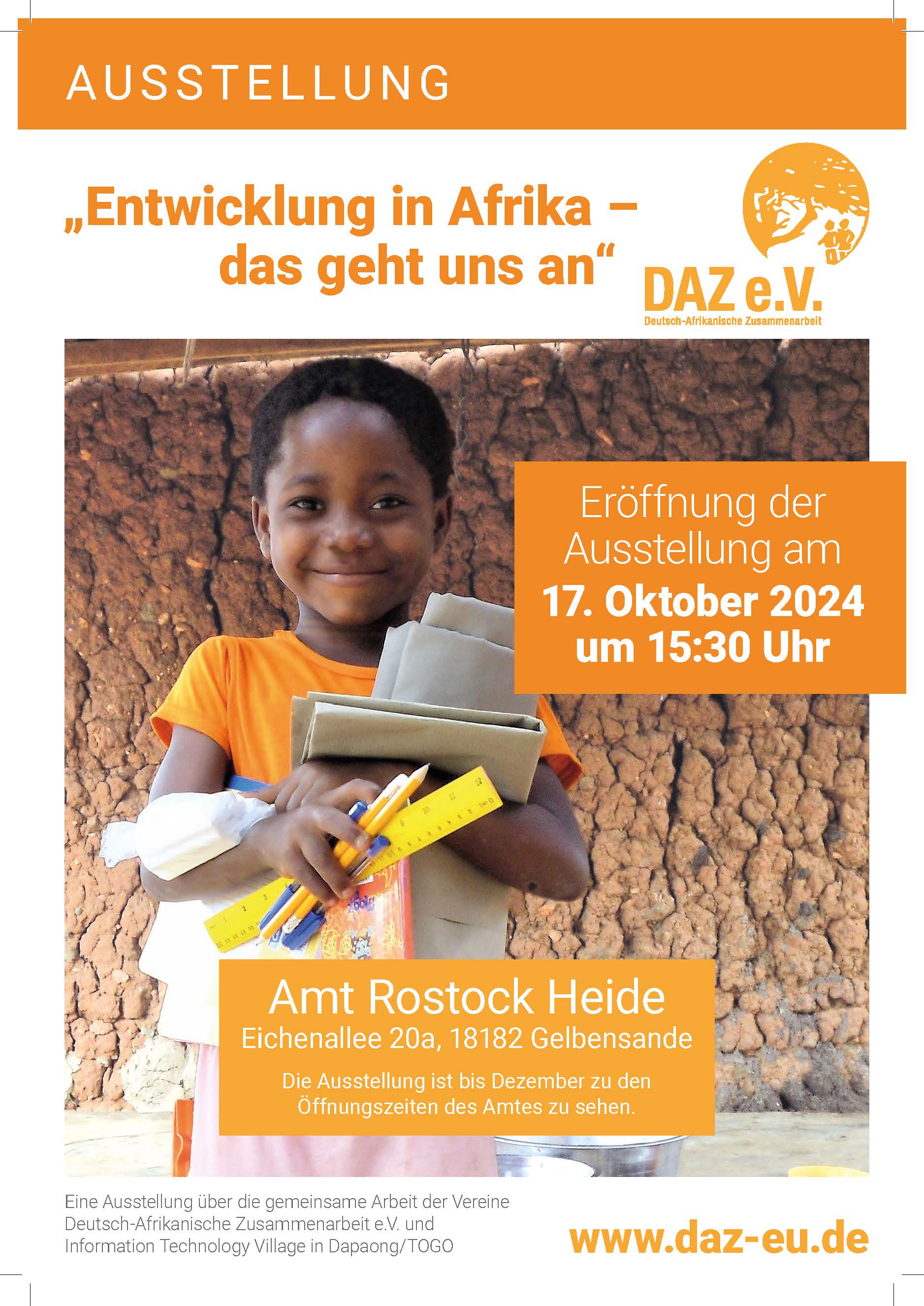 Plakat: Ausstellungseröffnung am 10.10.2024 um 15:30 Uhr - Entwicklung in Afrika - das geht uns an